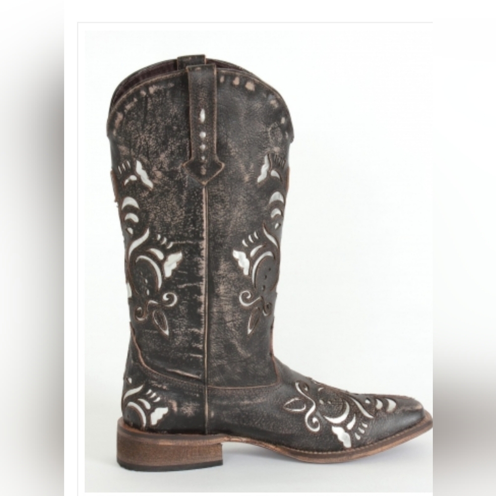 Roper 10.5 Metallic Underlay Boots EUC Tan Silver Cowgirl Like New - Picture 2 of 12